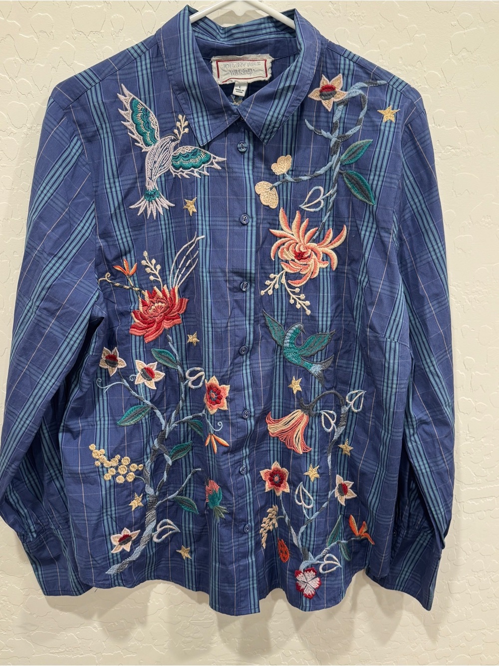 Johnny Was Viola Embroidered Floral Plaid Button-Up Shirt Womens Large Bohemian
